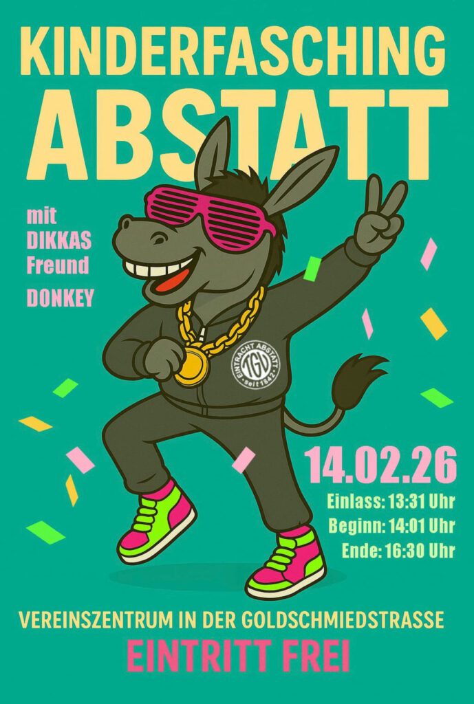 Plakat zum Kinderfasching mit tanzendem Esel (DIKKAS Freund DONKEY) mit pinker Brille und Goldkette, es fliegt Konfetti.