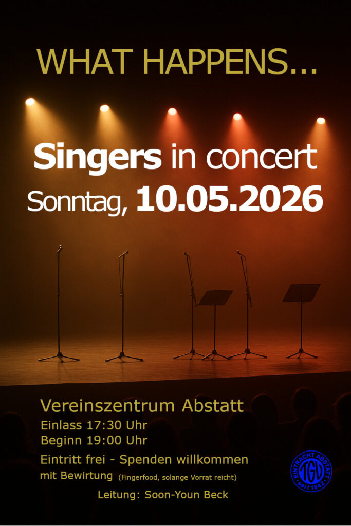Plakat fürs Konzert der Singers Abstatt, 4 Mikrofone und 2 Notenständer auf der Bühne, warmes Licht