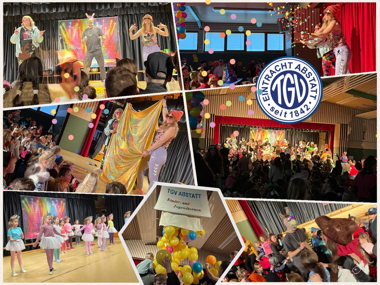 Verschiedene Bilder in einer Collage vom KJT Fasching, Kinder, Konfetti und Ballons